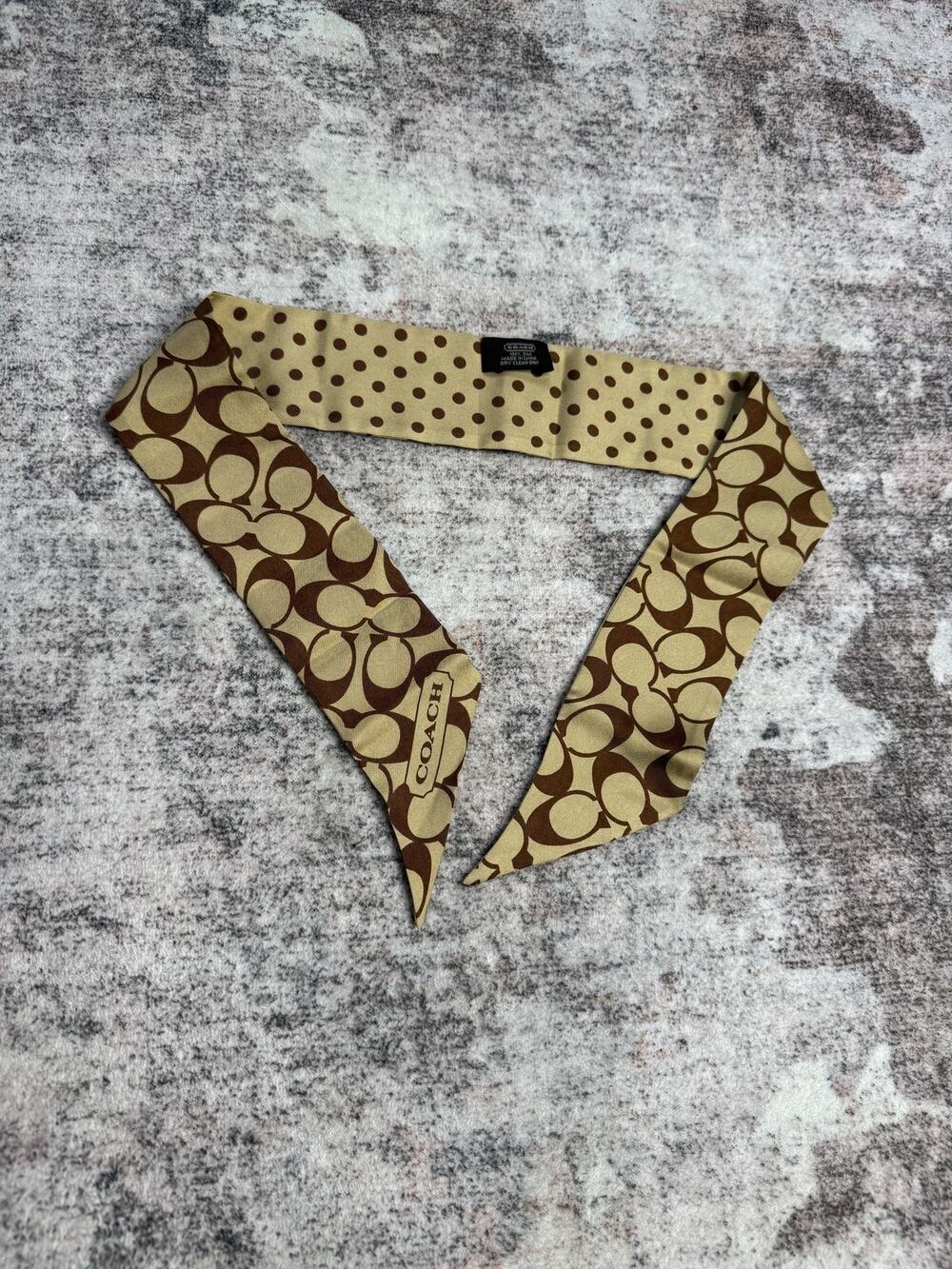 Coach Silk Skinny Scarf Twilly Reversible Signature C Polka Dot Tan Y2K One Size